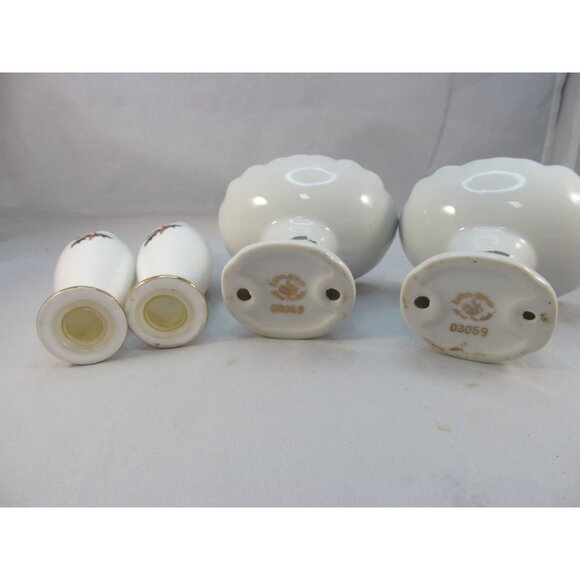 Lefton China Holly Salt Pepper Shakers and 2 Pedestal Candy Nut Dish Set - Picture 6 of 11